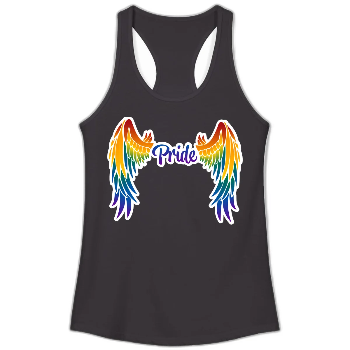 Rainbow gradient angel wings in red, orange, yellow, green, teal, blue, and purple with 'Pride' text in purple script in Black