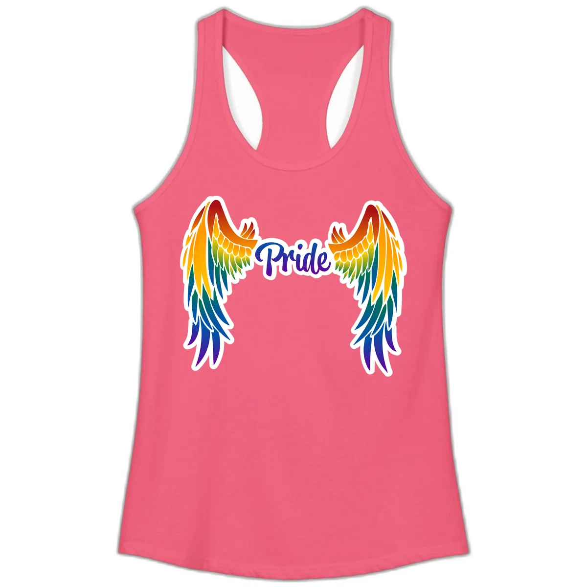 Rainbow gradient angel wings in red, orange, yellow, green, teal, blue, and purple with 'Pride' text in purple script in Hot Pink