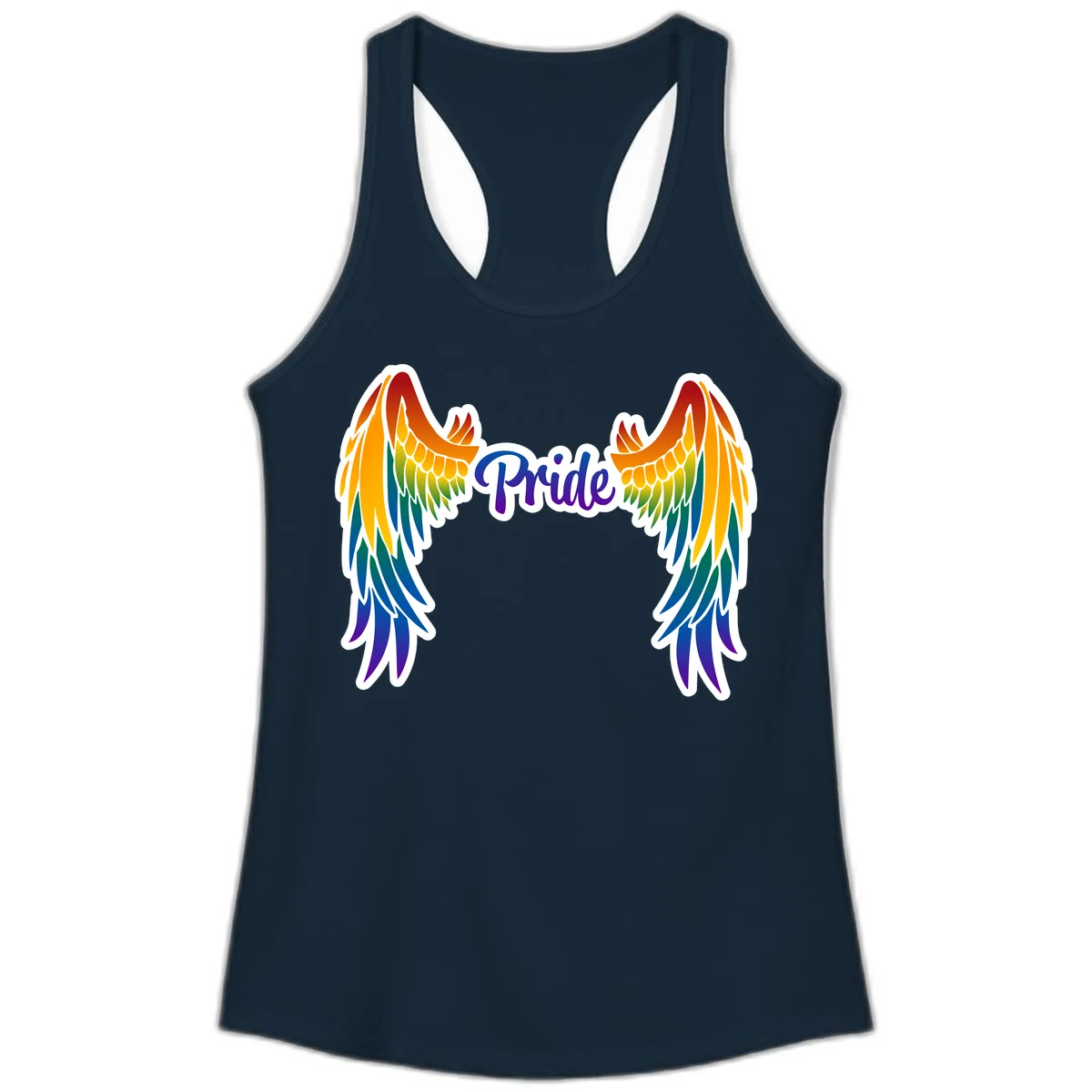 Rainbow gradient angel wings in red, orange, yellow, green, teal, blue, and purple with 'Pride' text in purple script in Solid Midnight Navy