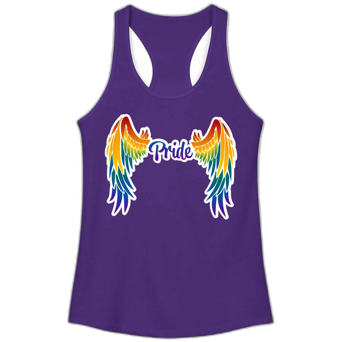 Rainbow gradient angel wings in red, orange, yellow, green, teal, blue, and purple with 'Pride' text in purple script in Solid Purple Rush