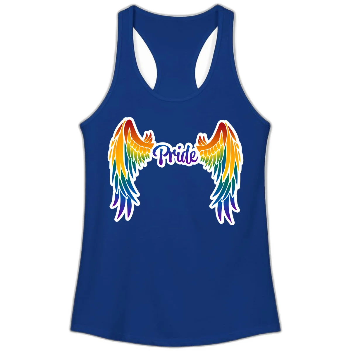 Rainbow gradient angel wings in red, orange, yellow, green, teal, blue, and purple with 'Pride' text in purple script in Solid Royal