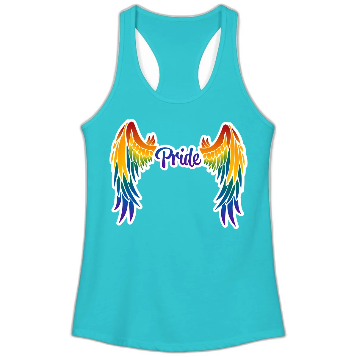 Rainbow gradient angel wings in red, orange, yellow, green, teal, blue, and purple with 'Pride' text in purple script in Solid Tahiti Blue