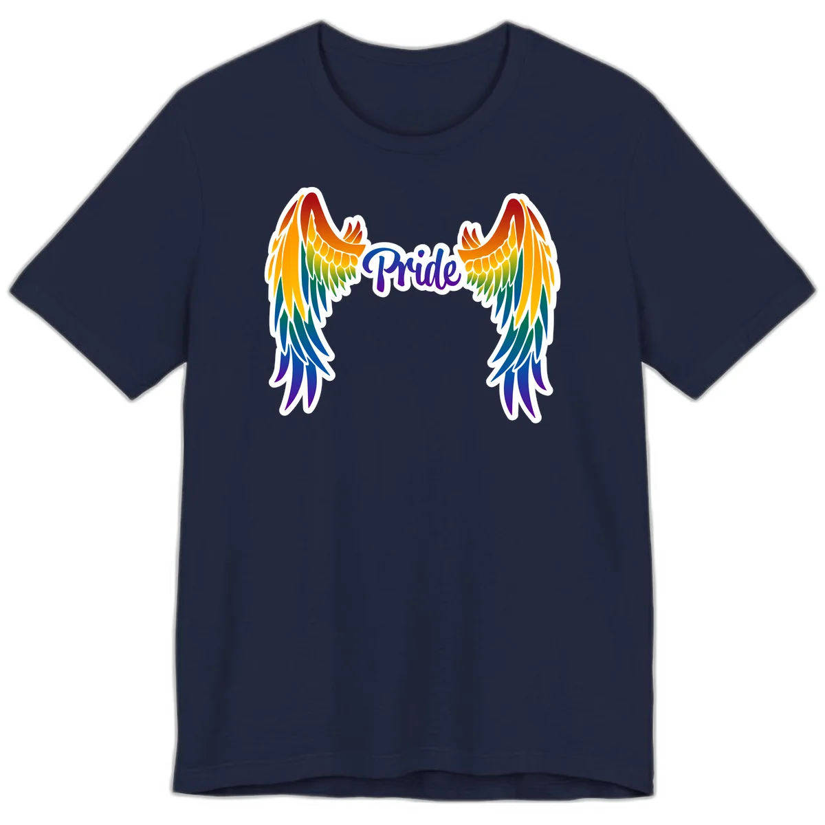 Rainbow gradient angel wings in red, orange, yellow, green, teal, blue, and purple with 'Pride' text in purple script in Navy