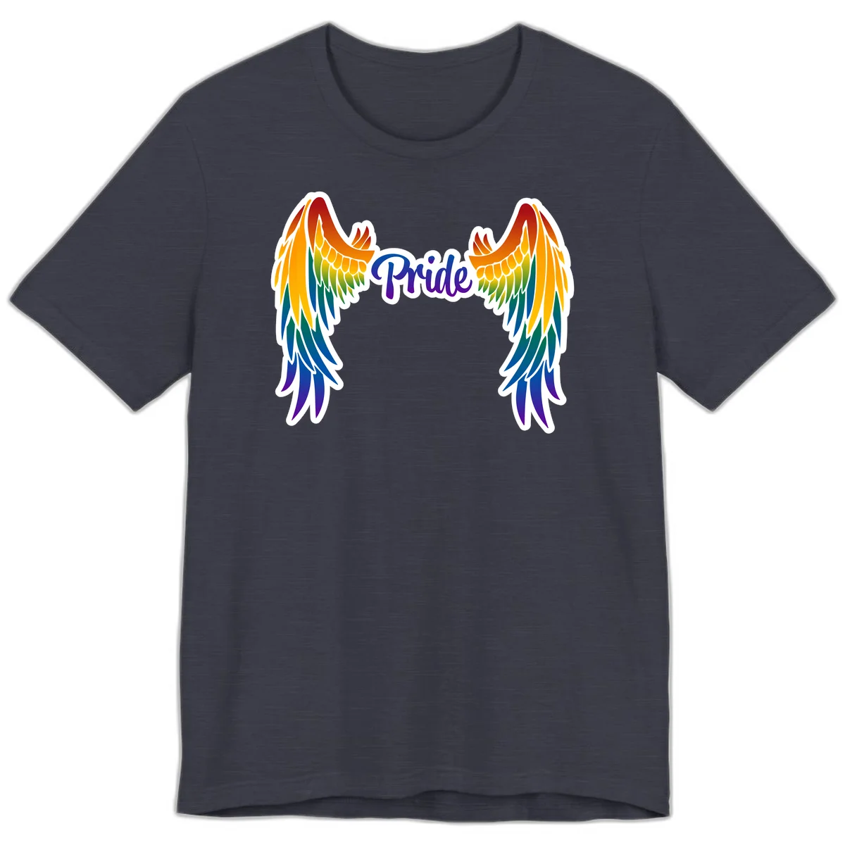 Rainbow gradient angel wings in red, orange, yellow, green, teal, blue, and purple with 'Pride' text in purple script in Heather Midnight Navy