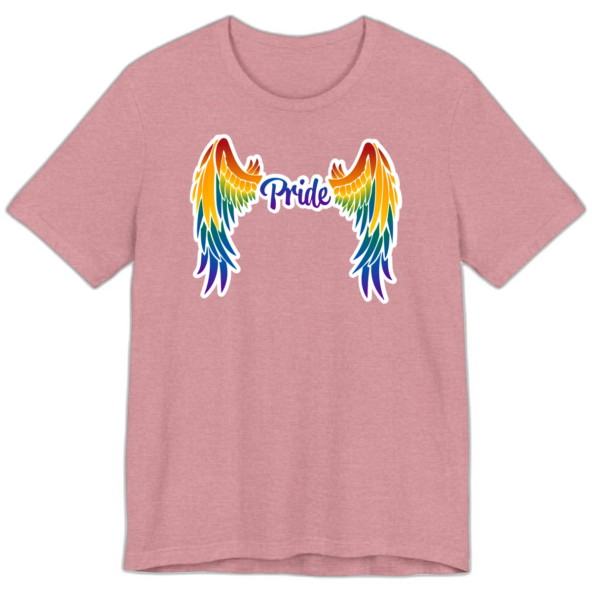 Rainbow gradient angel wings in red, orange, yellow, green, teal, blue, and purple with 'Pride' text in purple script in Heather Orchid