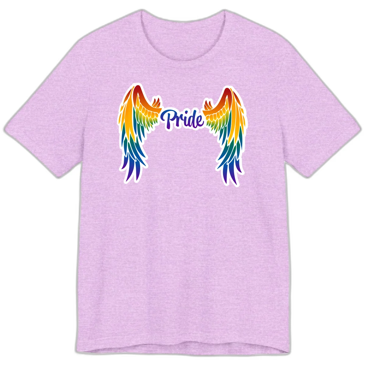 Rainbow gradient angel wings in red, orange, yellow, green, teal, blue, and purple with 'Pride' text in purple script in Heather Prism Lilac
