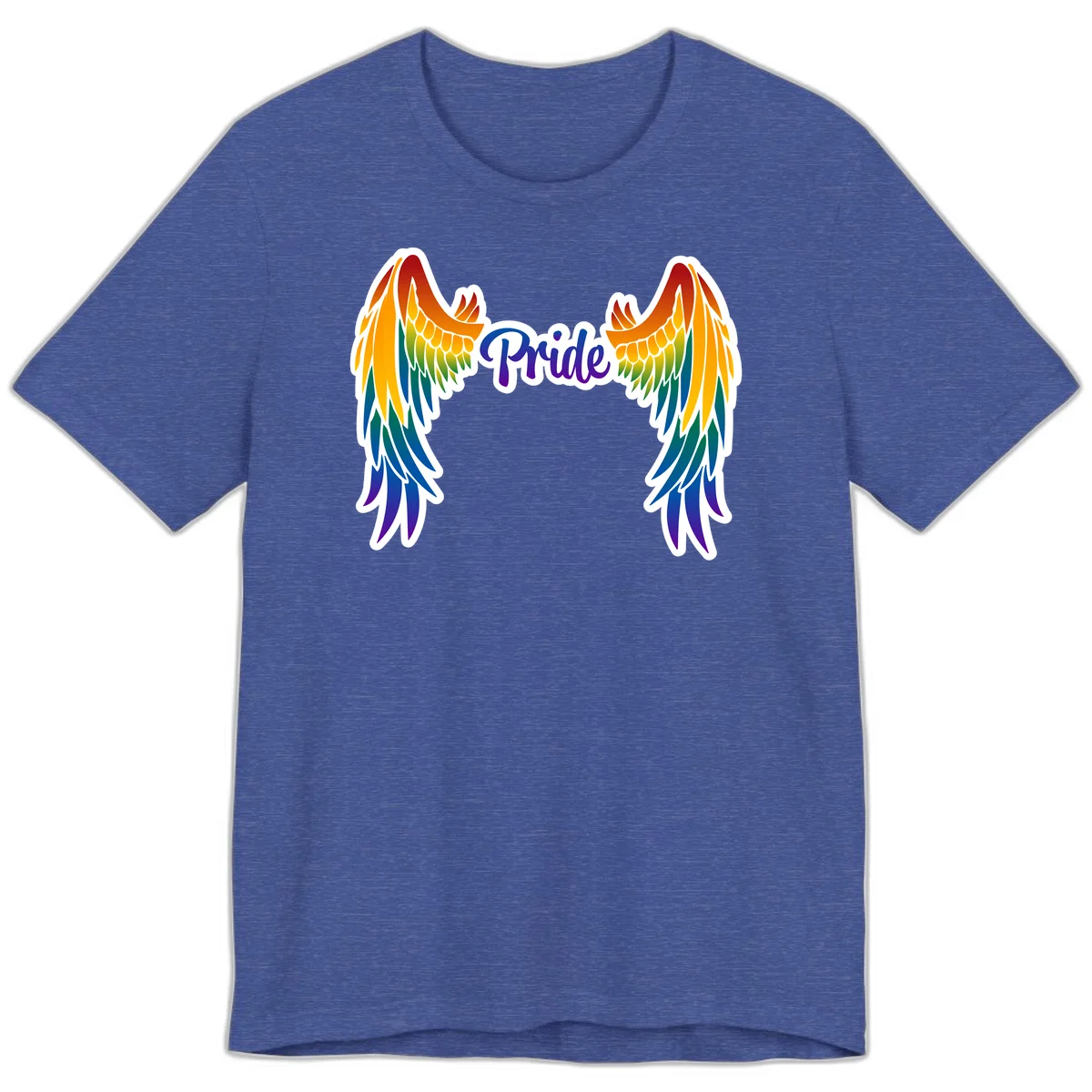 Rainbow gradient angel wings in red, orange, yellow, green, teal, blue, and purple with 'Pride' text in purple script in Heather True Royal
