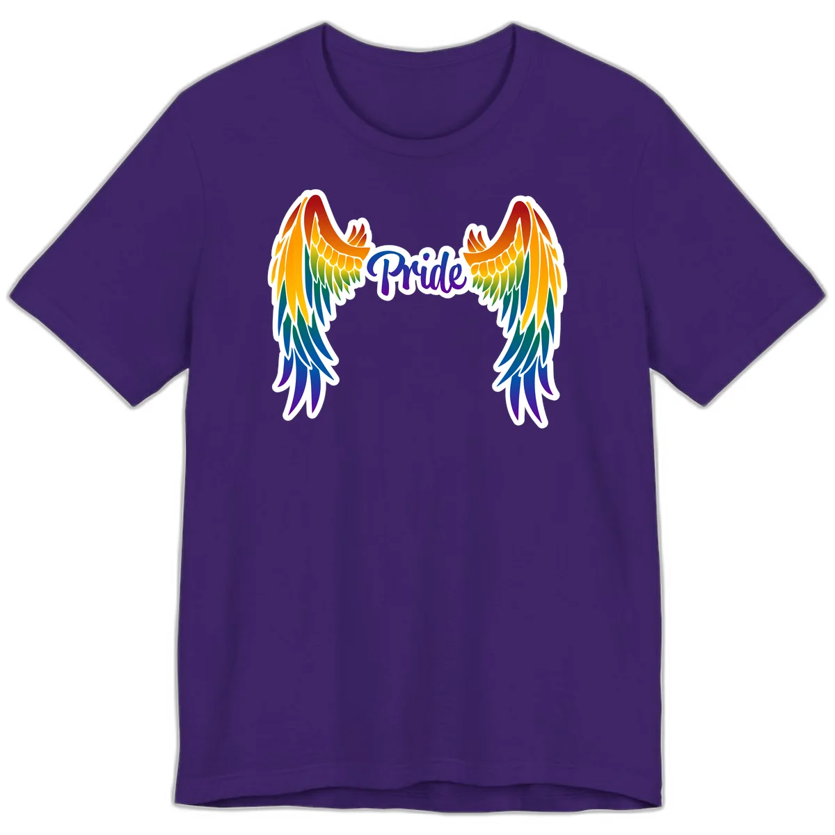 Rainbow gradient angel wings in red, orange, yellow, green, teal, blue, and purple with 'Pride' text in purple script in Team Purple