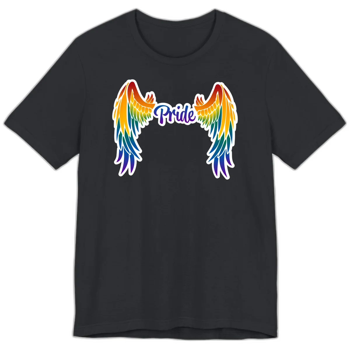 Rainbow gradient angel wings in red, orange, yellow, green, teal, blue, and purple with 'Pride' text in purple script in Vintage Black