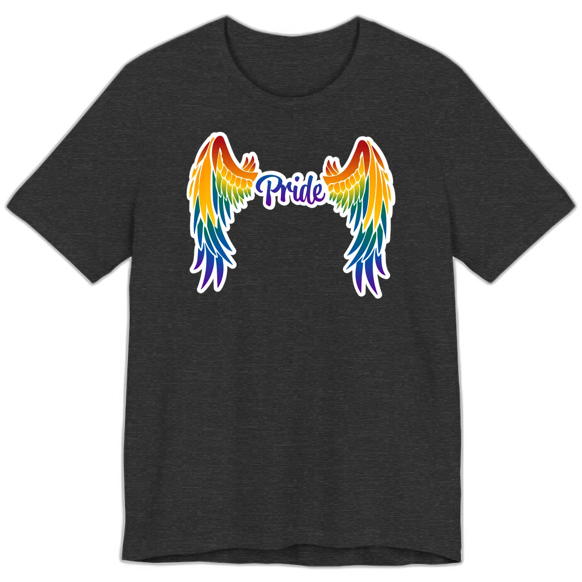 Rainbow gradient angel wings in red, orange, yellow, green, teal, blue, and purple with 'Pride' text in purple script in Dark Grey Heather