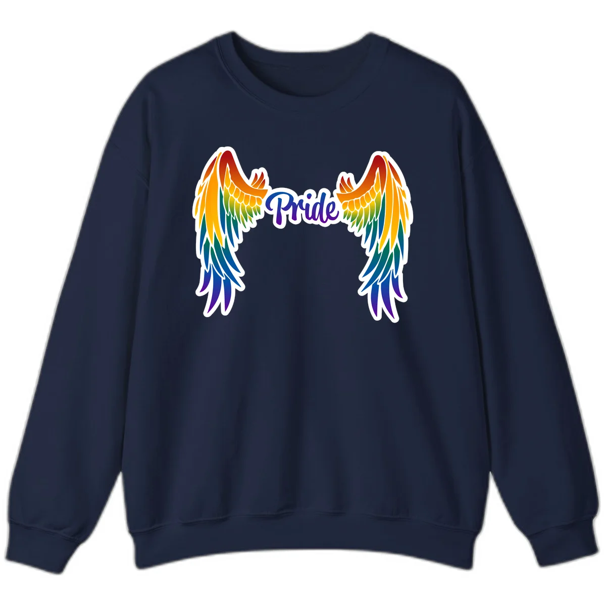 Rainbow gradient angel wings in red, orange, yellow, green, teal, blue, and purple with 'Pride' text in purple script in Navy