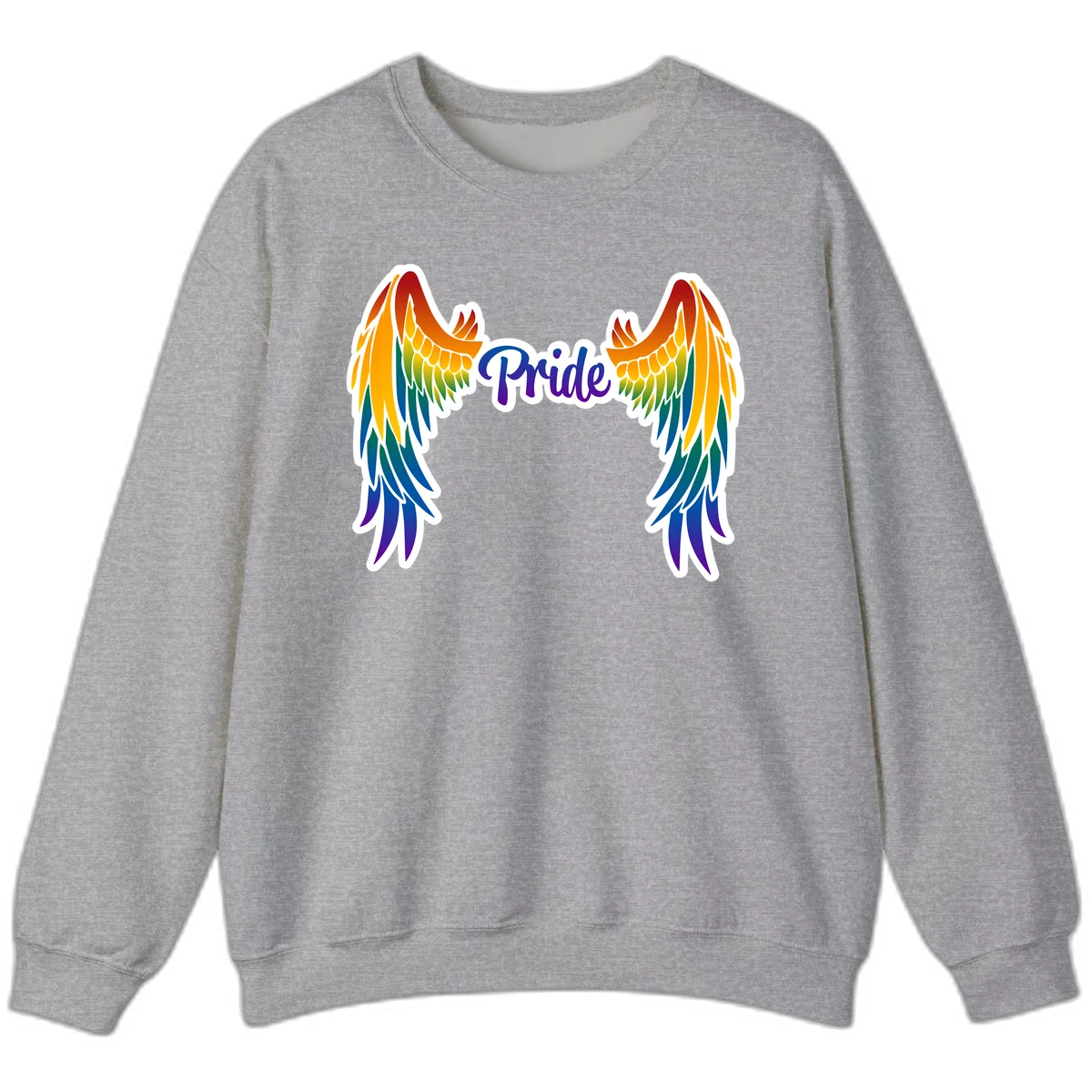 Rainbow gradient angel wings in red, orange, yellow, green, teal, blue, and purple with 'Pride' text in purple script in Sport Grey