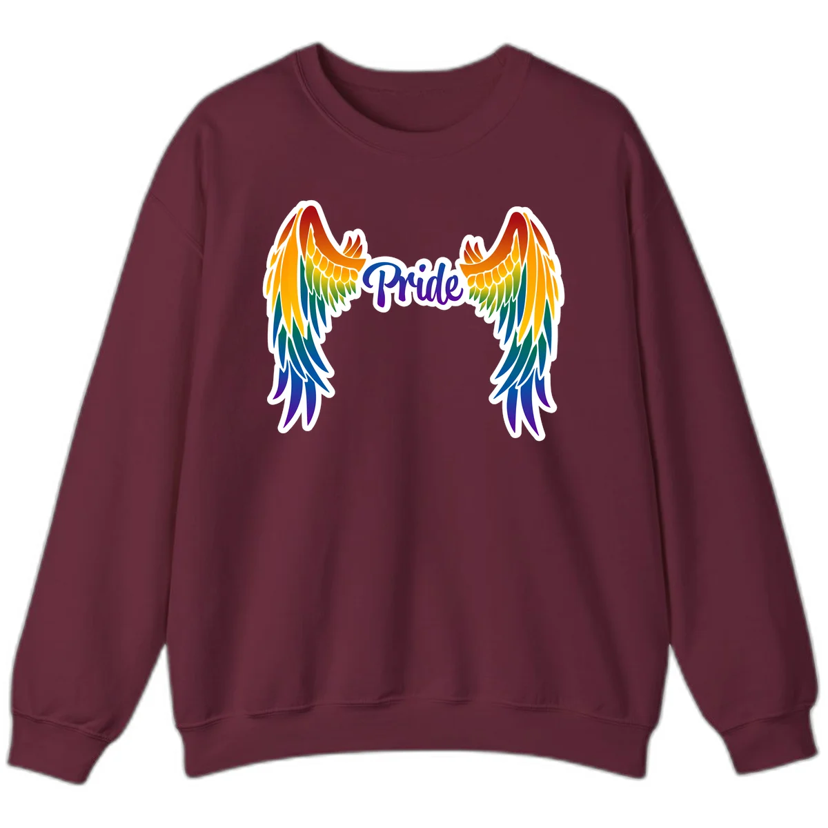 Rainbow gradient angel wings in red, orange, yellow, green, teal, blue, and purple with 'Pride' text in purple script in Maroon