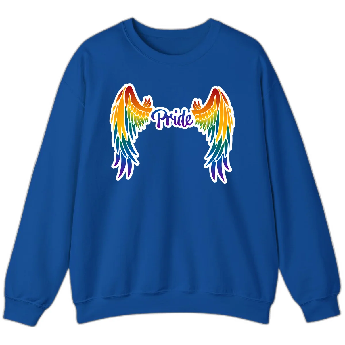 Rainbow gradient angel wings in red, orange, yellow, green, teal, blue, and purple with 'Pride' text in purple script in Royal