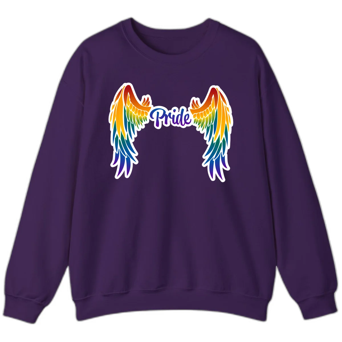 Rainbow gradient angel wings in red, orange, yellow, green, teal, blue, and purple with 'Pride' text in purple script in Purple