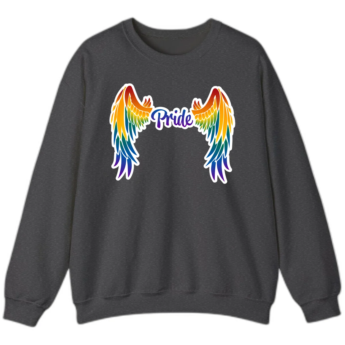 Rainbow gradient angel wings in red, orange, yellow, green, teal, blue, and purple with 'Pride' text in purple script in Dark Heather