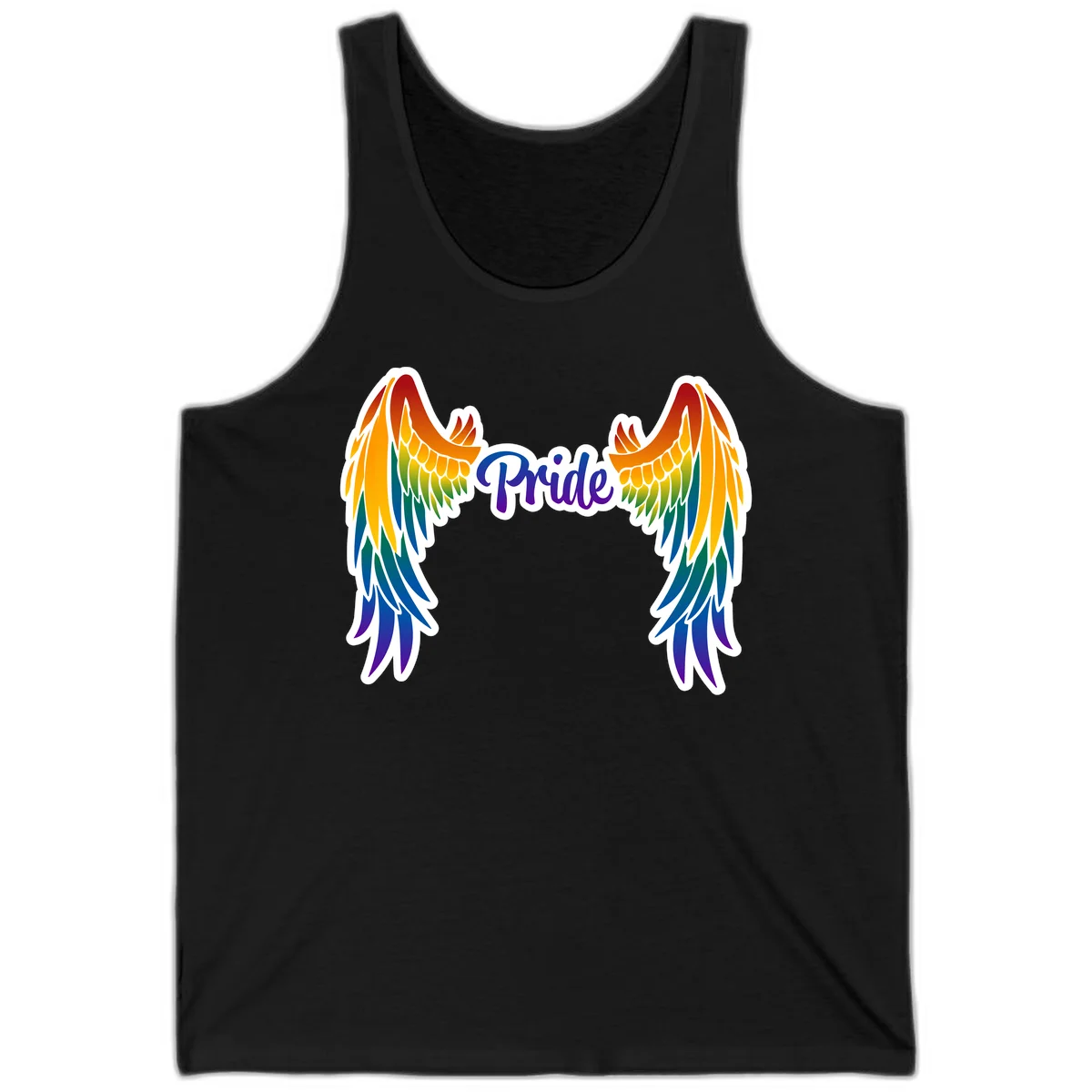 Rainbow gradient angel wings in red, orange, yellow, green, teal, blue, and purple with 'Pride' text in purple script in Black