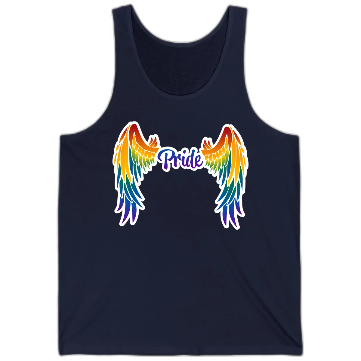 Rainbow gradient angel wings in red, orange, yellow, green, teal, blue, and purple with 'Pride' text in purple script in Navy
