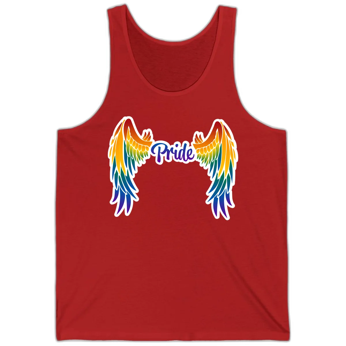 Rainbow gradient angel wings in red, orange, yellow, green, teal, blue, and purple with 'Pride' text in purple script in Red
