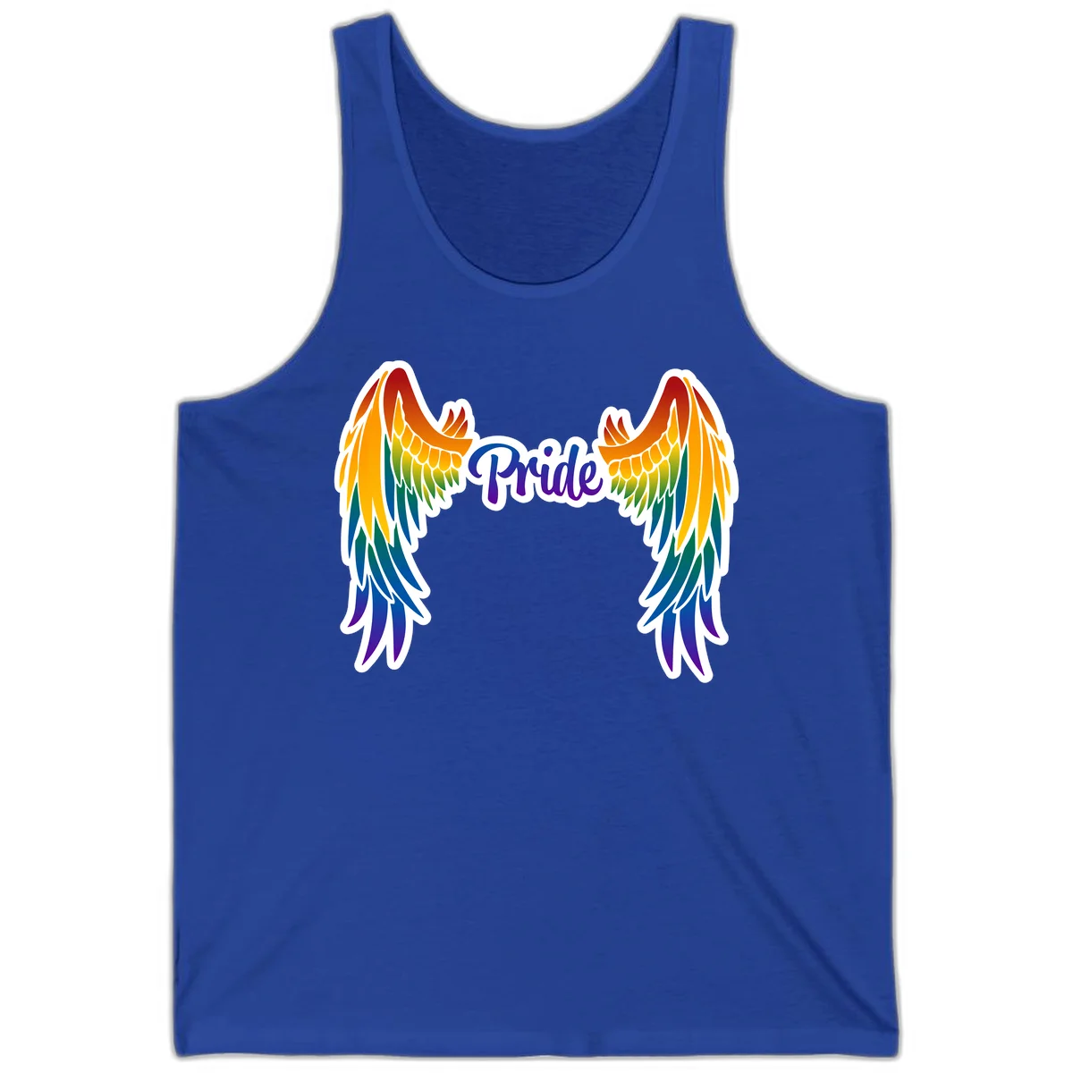 Rainbow gradient angel wings in red, orange, yellow, green, teal, blue, and purple with 'Pride' text in purple script in True Royal