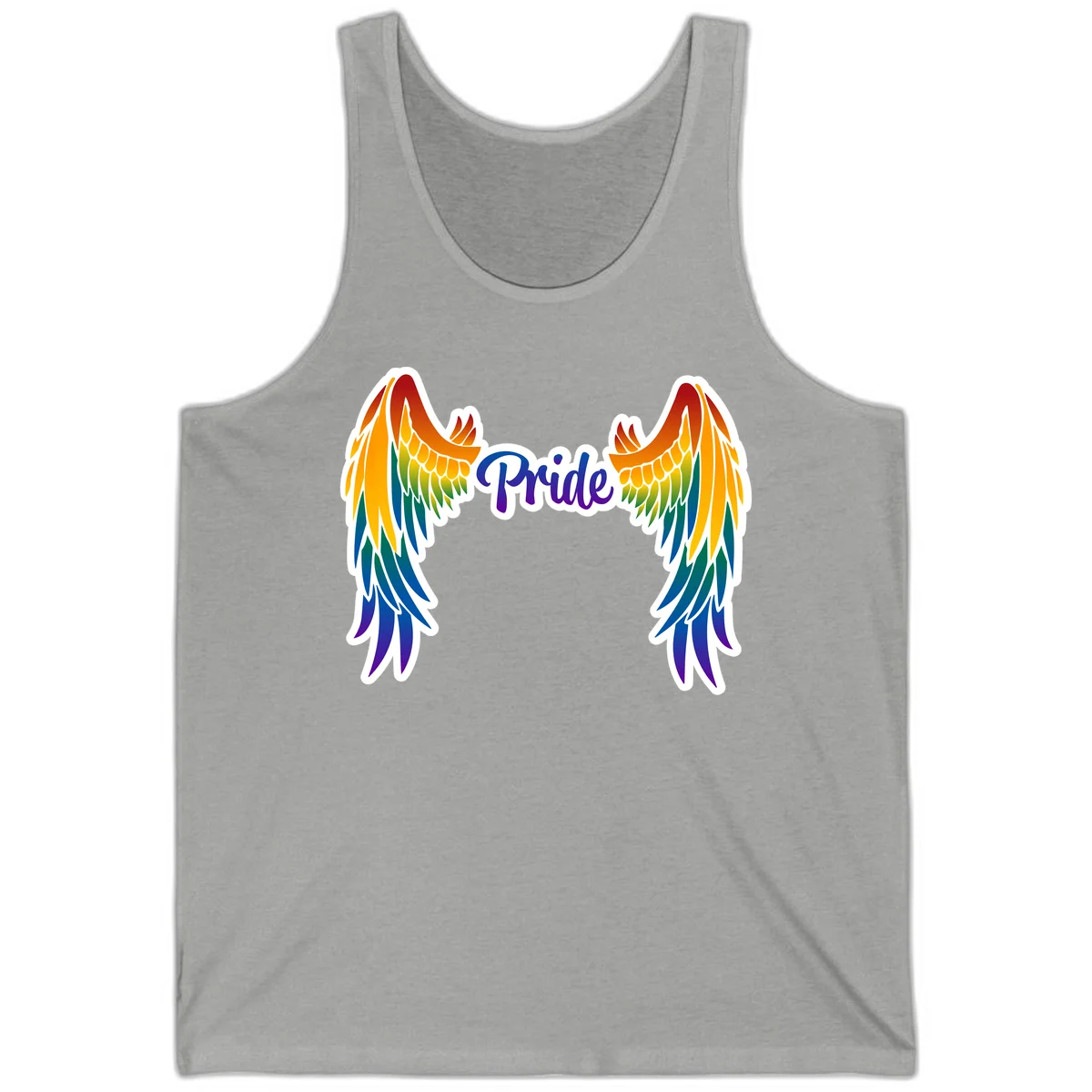 Rainbow gradient angel wings in red, orange, yellow, green, teal, blue, and purple with 'Pride' text in purple script in Athletic Heather
