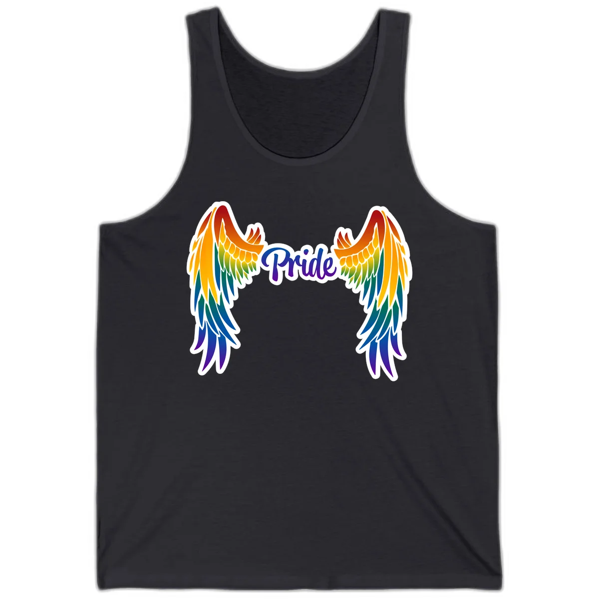 Rainbow gradient angel wings in red, orange, yellow, green, teal, blue, and purple with 'Pride' text in purple script in Dark Grey