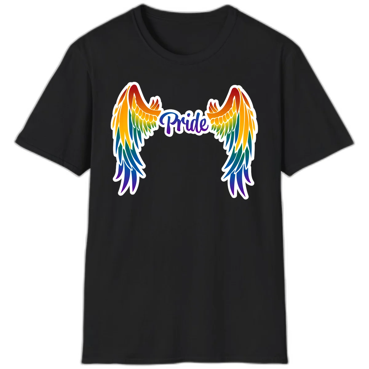 Rainbow gradient angel wings in red, orange, yellow, green, teal, blue, and purple with 'Pride' text in purple script in Black