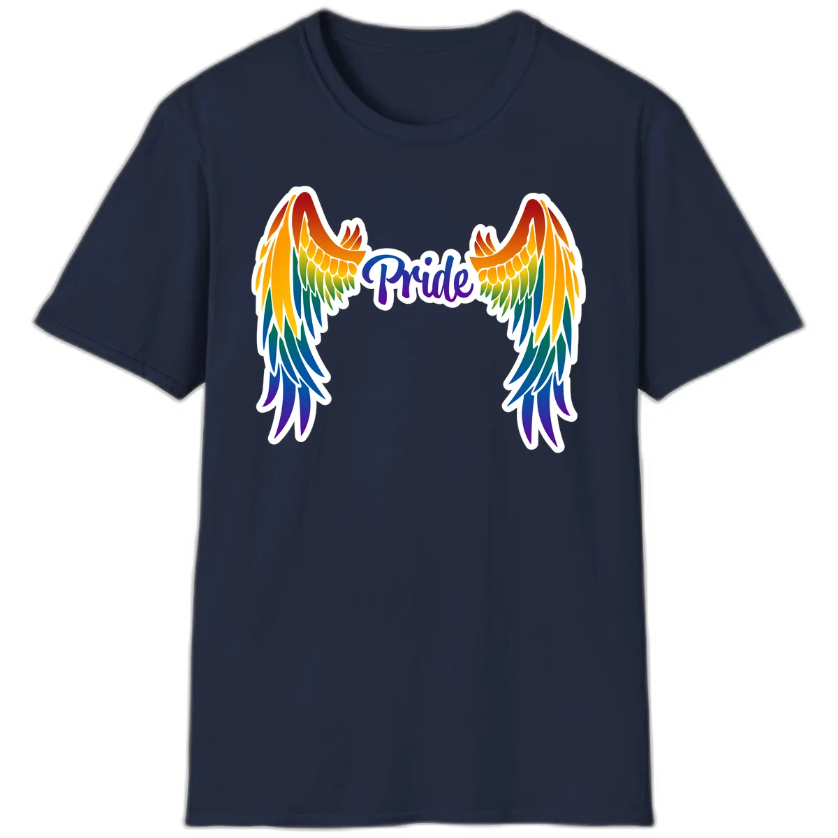 Rainbow gradient angel wings in red, orange, yellow, green, teal, blue, and purple with 'Pride' text in purple script in Navy