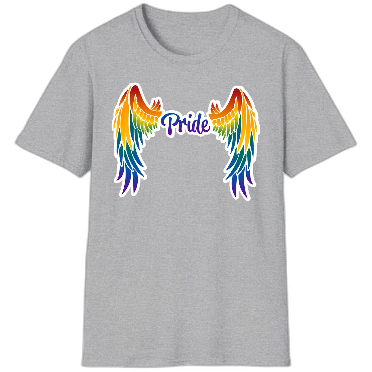 Rainbow gradient angel wings in red, orange, yellow, green, teal, blue, and purple with 'Pride' text in purple script in Sport Grey