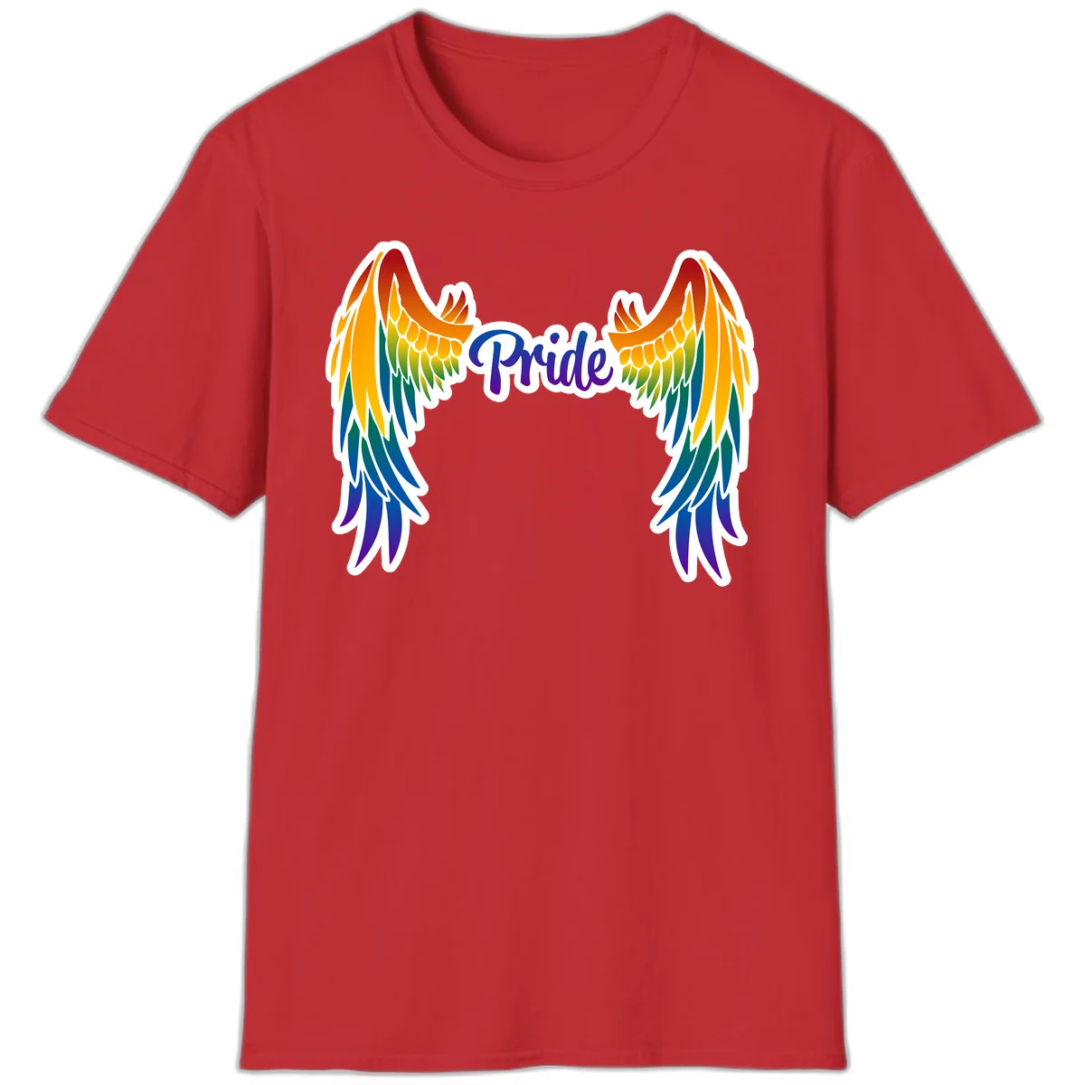 Rainbow gradient angel wings in red, orange, yellow, green, teal, blue, and purple with 'Pride' text in purple script in Red
