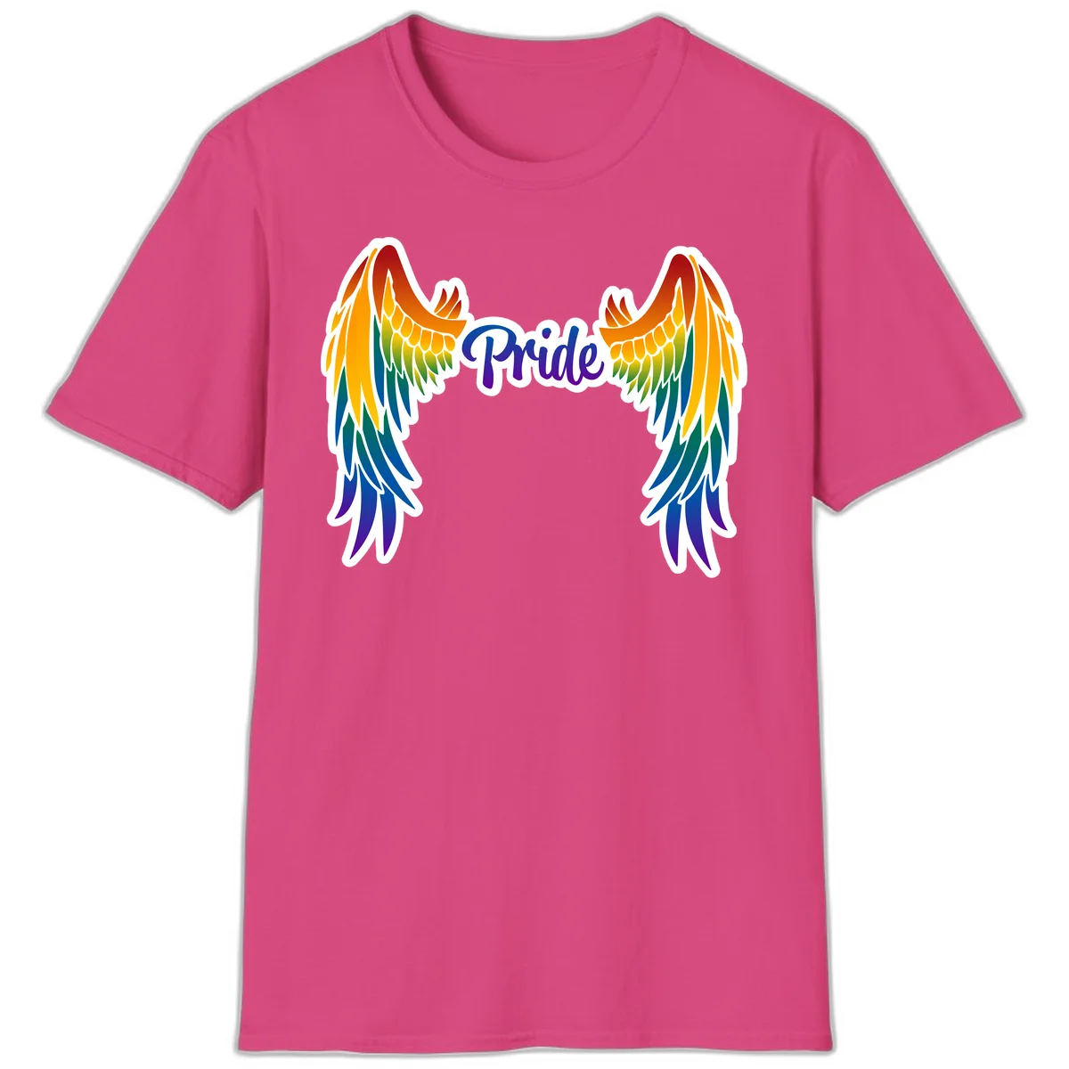 Rainbow gradient angel wings in red, orange, yellow, green, teal, blue, and purple with 'Pride' text in purple script in Heliconia