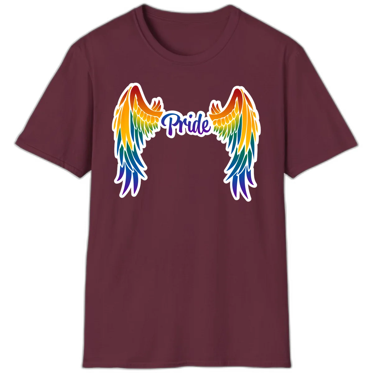 Rainbow gradient angel wings in red, orange, yellow, green, teal, blue, and purple with 'Pride' text in purple script in Maroon