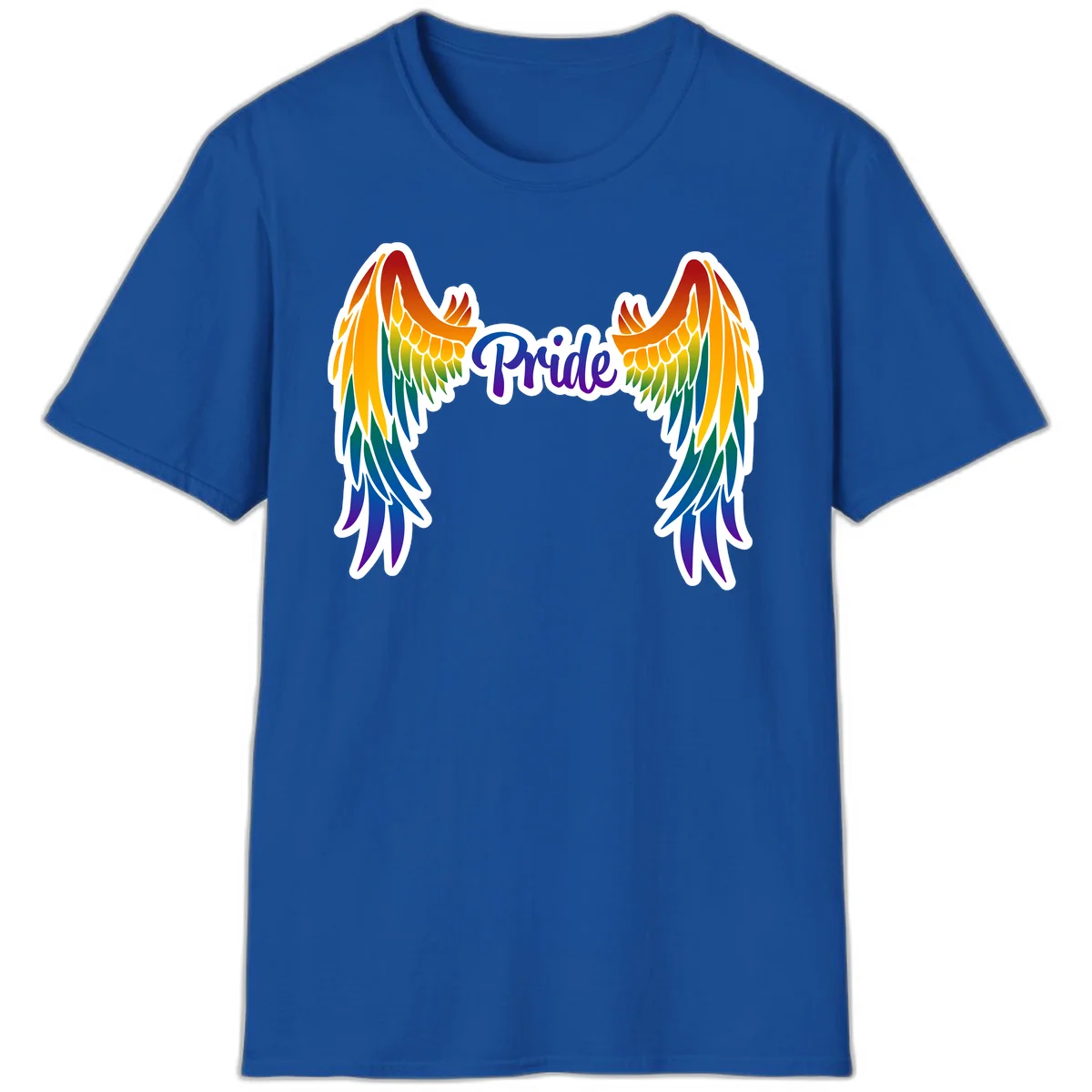 Rainbow gradient angel wings in red, orange, yellow, green, teal, blue, and purple with 'Pride' text in purple script in Royal