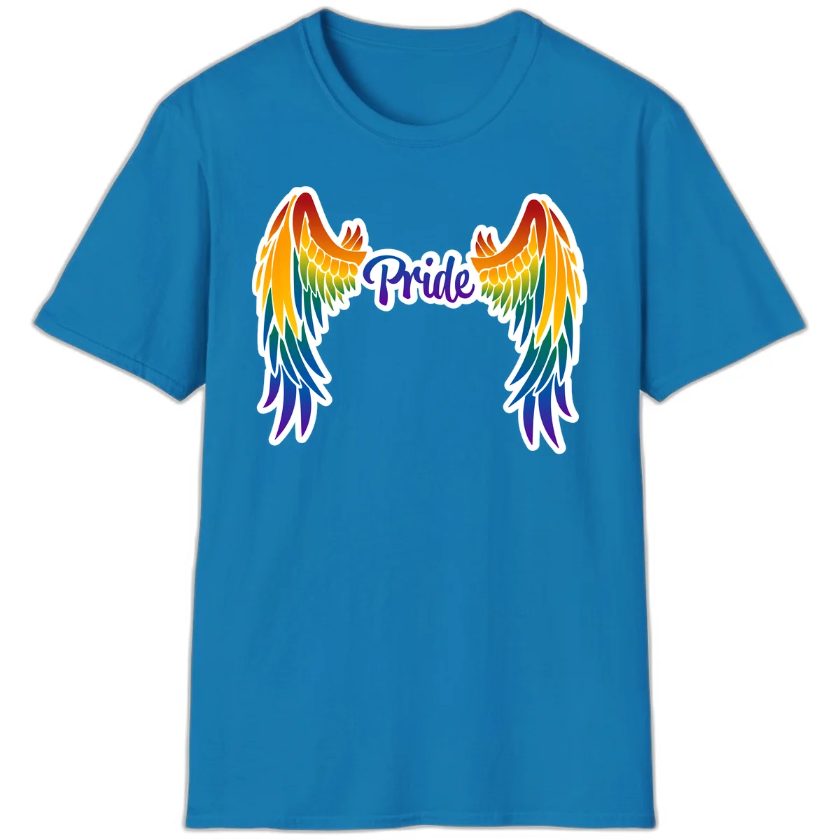 Rainbow gradient angel wings in red, orange, yellow, green, teal, blue, and purple with 'Pride' text in purple script in Sapphire