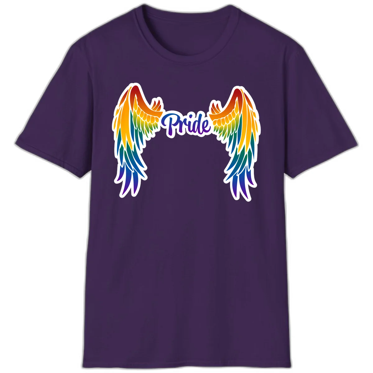 Rainbow gradient angel wings in red, orange, yellow, green, teal, blue, and purple with 'Pride' text in purple script in Purple