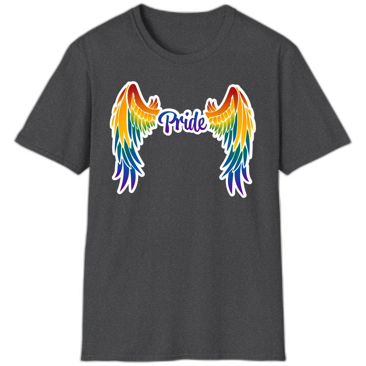 Rainbow gradient angel wings in red, orange, yellow, green, teal, blue, and purple with 'Pride' text in purple script in Dark Heather