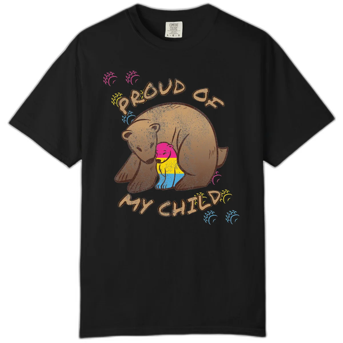 Large bear proudly hugging a smaller bear cub wearing a pride flag shirt, with text reading 'Proud As My Child' in Black