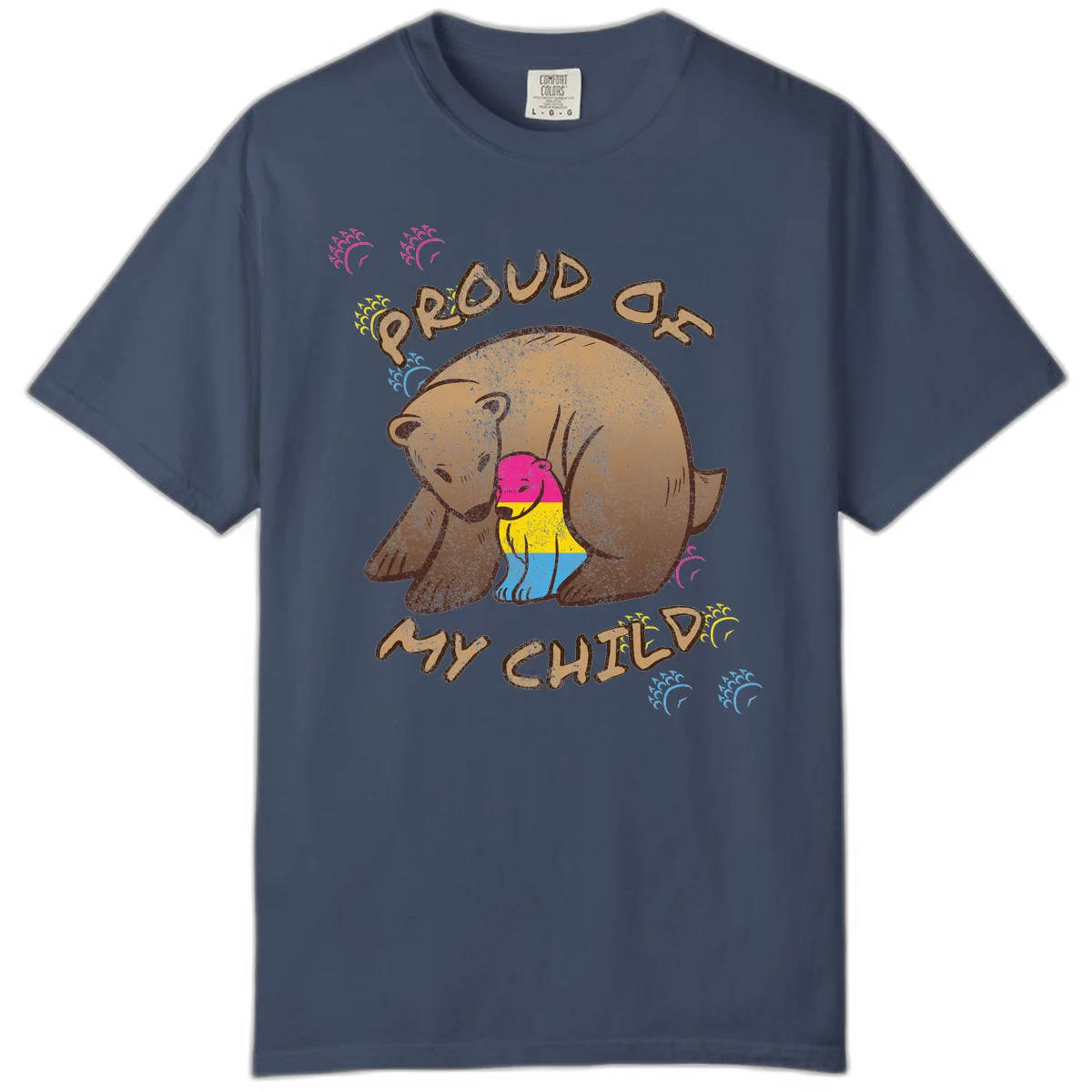 Large bear proudly hugging a smaller bear cub wearing a pride flag shirt, with text reading 'Proud As My Child' in Midnight