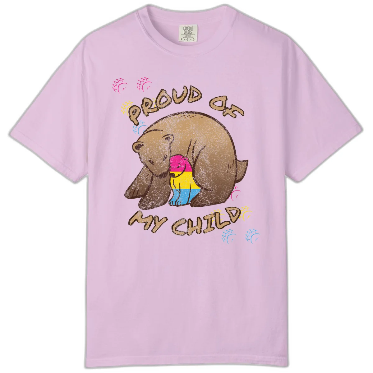 Large bear proudly hugging a smaller bear cub wearing a pride flag shirt, with text reading 'Proud As My Child' in Orchid