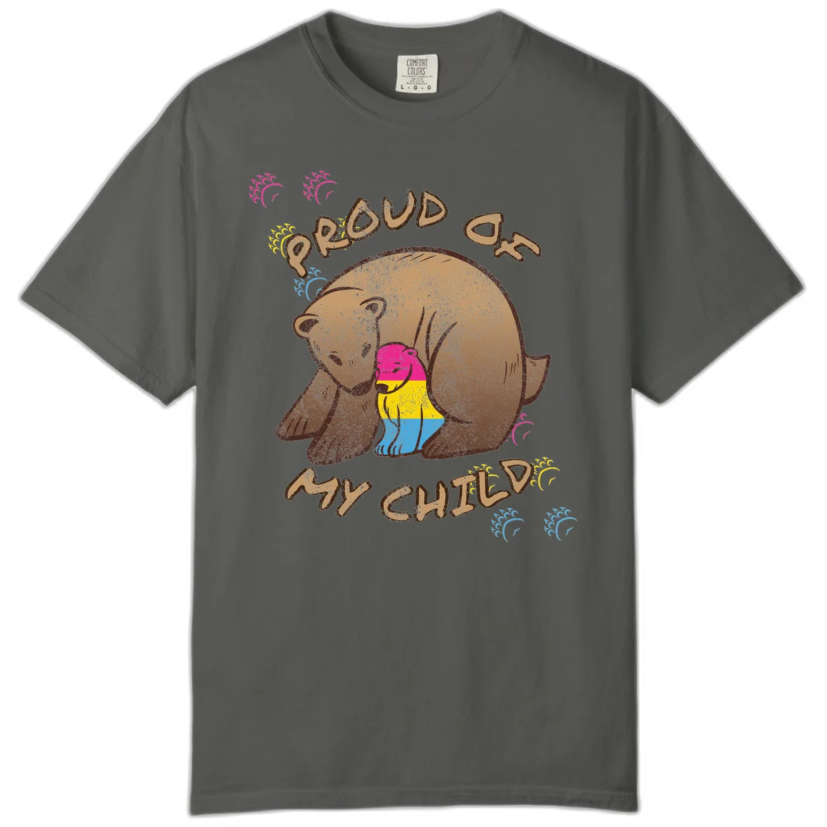 Large bear proudly hugging a smaller bear cub wearing a pride flag shirt, with text reading 'Proud As My Child' in Pepper