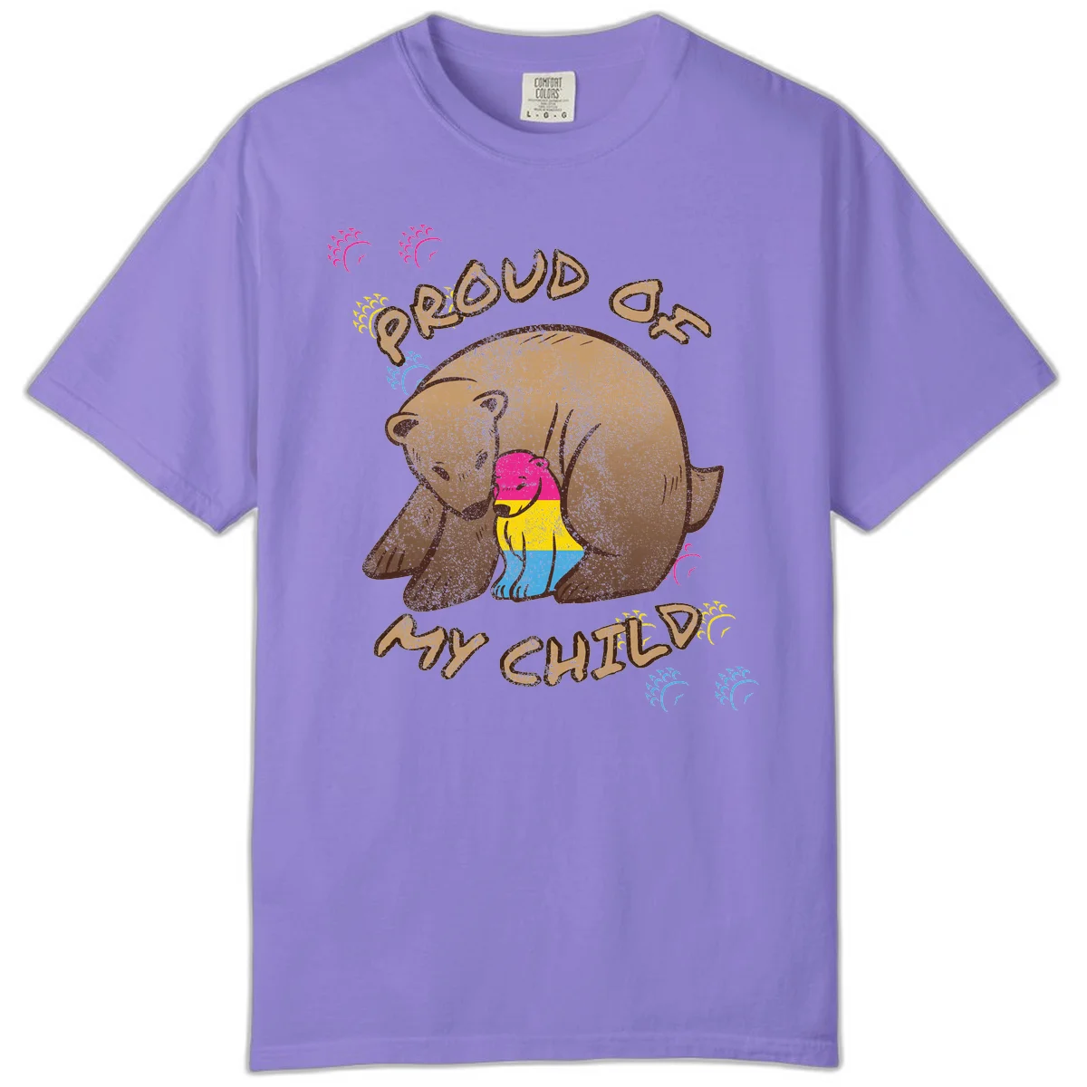 Large bear proudly hugging a smaller bear cub wearing a pride flag shirt, with text reading 'Proud As My Child' in Violet