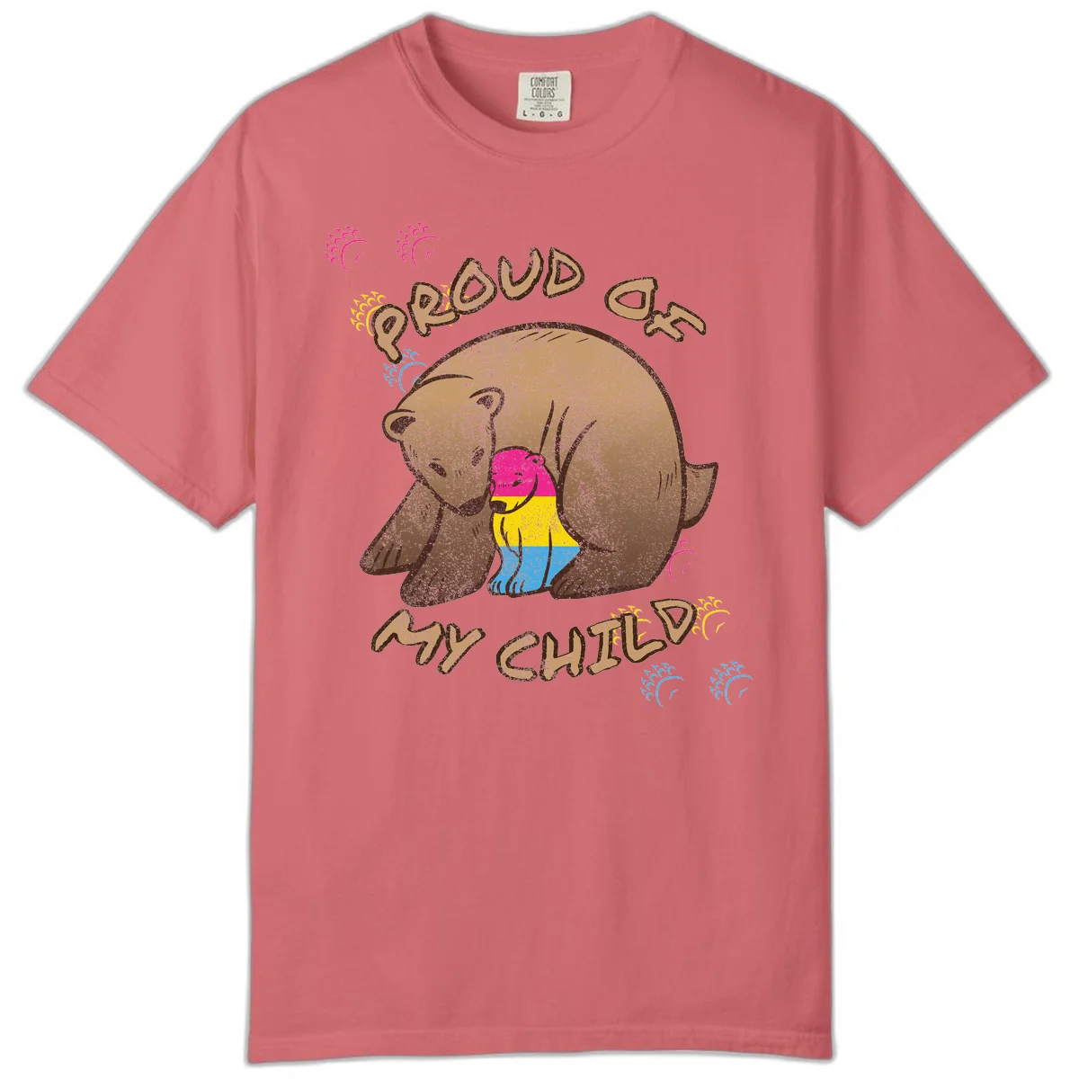 Large bear proudly hugging a smaller bear cub wearing a pride flag shirt, with text reading 'Proud As My Child' in Watermelon