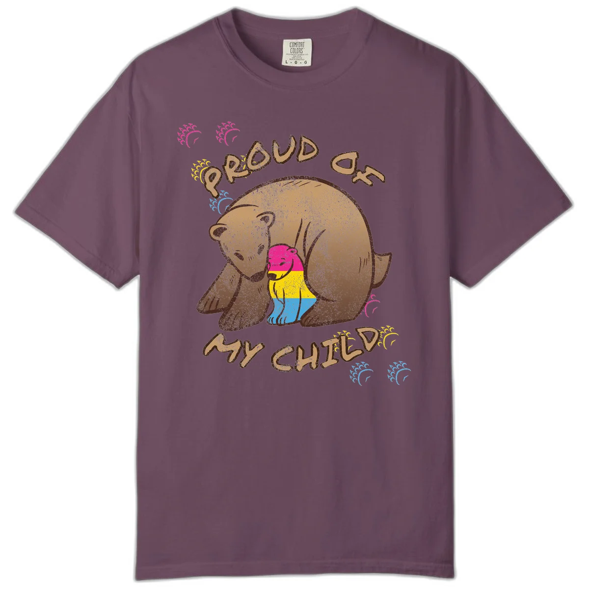 Large bear proudly hugging a smaller bear cub wearing a pride flag shirt, with text reading 'Proud As My Child' in Berry