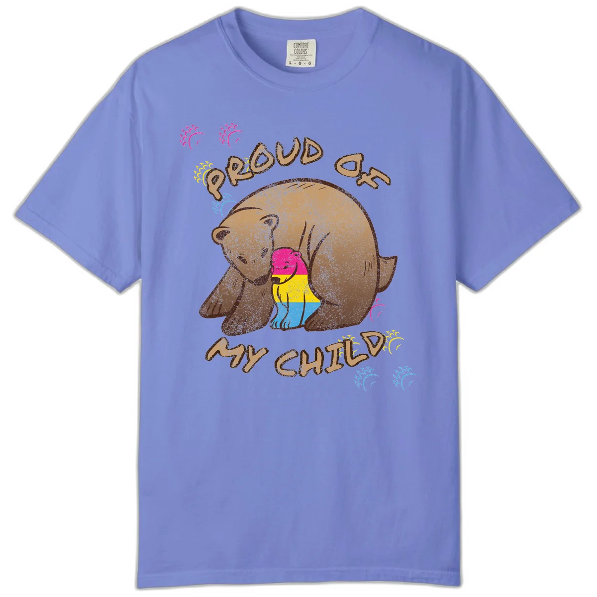 Large bear proudly hugging a smaller bear cub wearing a pride flag shirt, with text reading 'Proud As My Child' in Flo Blue