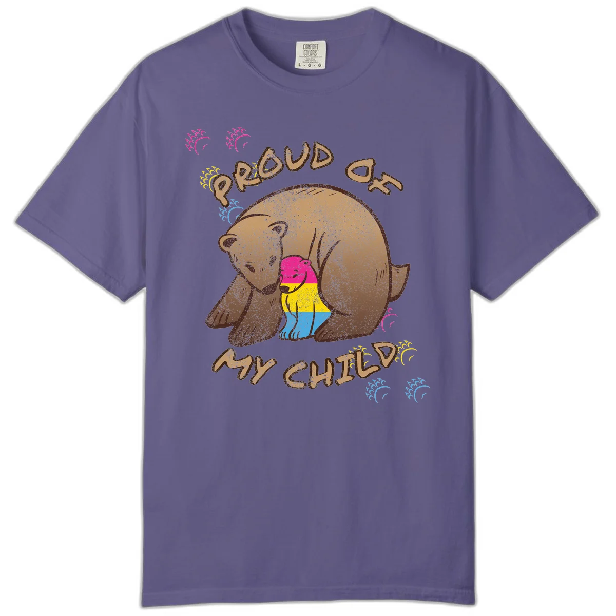 Large bear proudly hugging a smaller bear cub wearing a pride flag shirt, with text reading 'Proud As My Child' in Grape