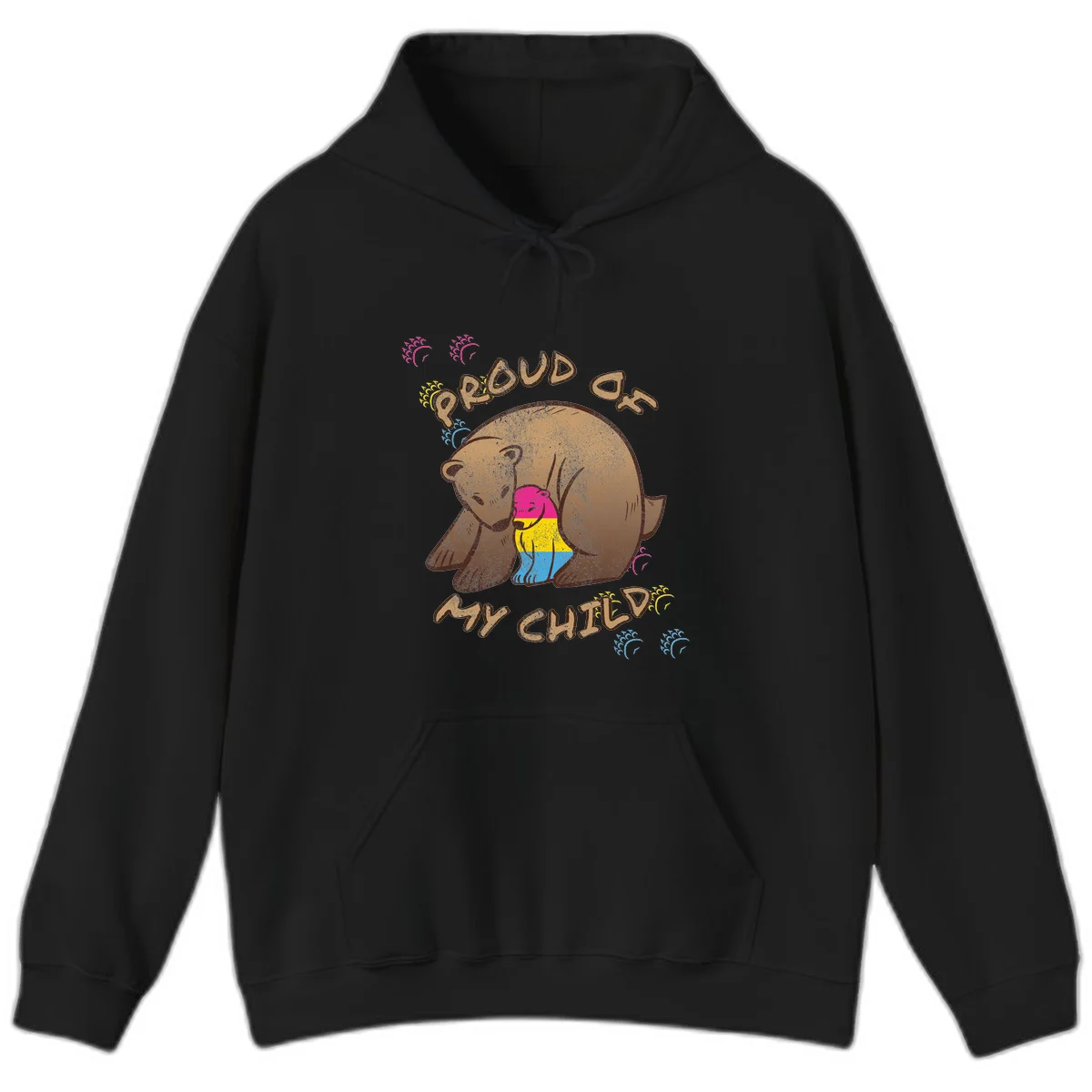 Large bear proudly hugging a smaller bear cub wearing a pride flag shirt, with text reading 'Proud As My Child' in Black