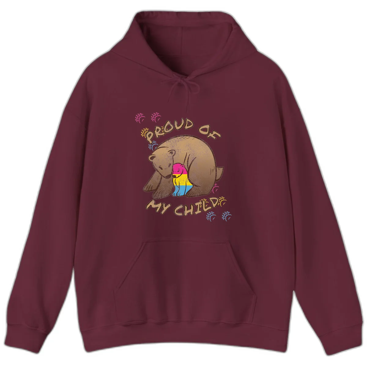 Large bear proudly hugging a smaller bear cub wearing a pride flag shirt, with text reading 'Proud As My Child' in Maroon