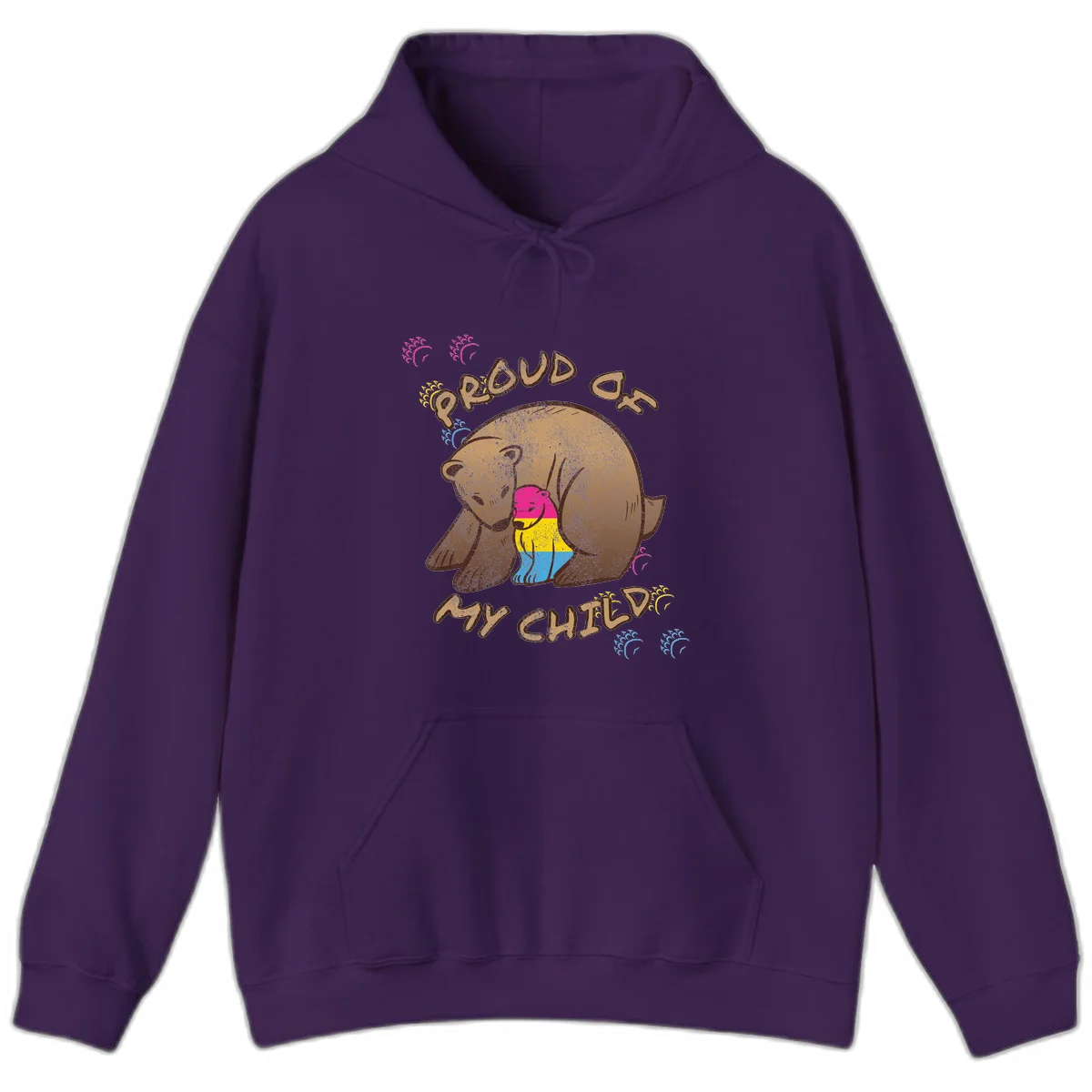 Large bear proudly hugging a smaller bear cub wearing a pride flag shirt, with text reading 'Proud As My Child' in Purple