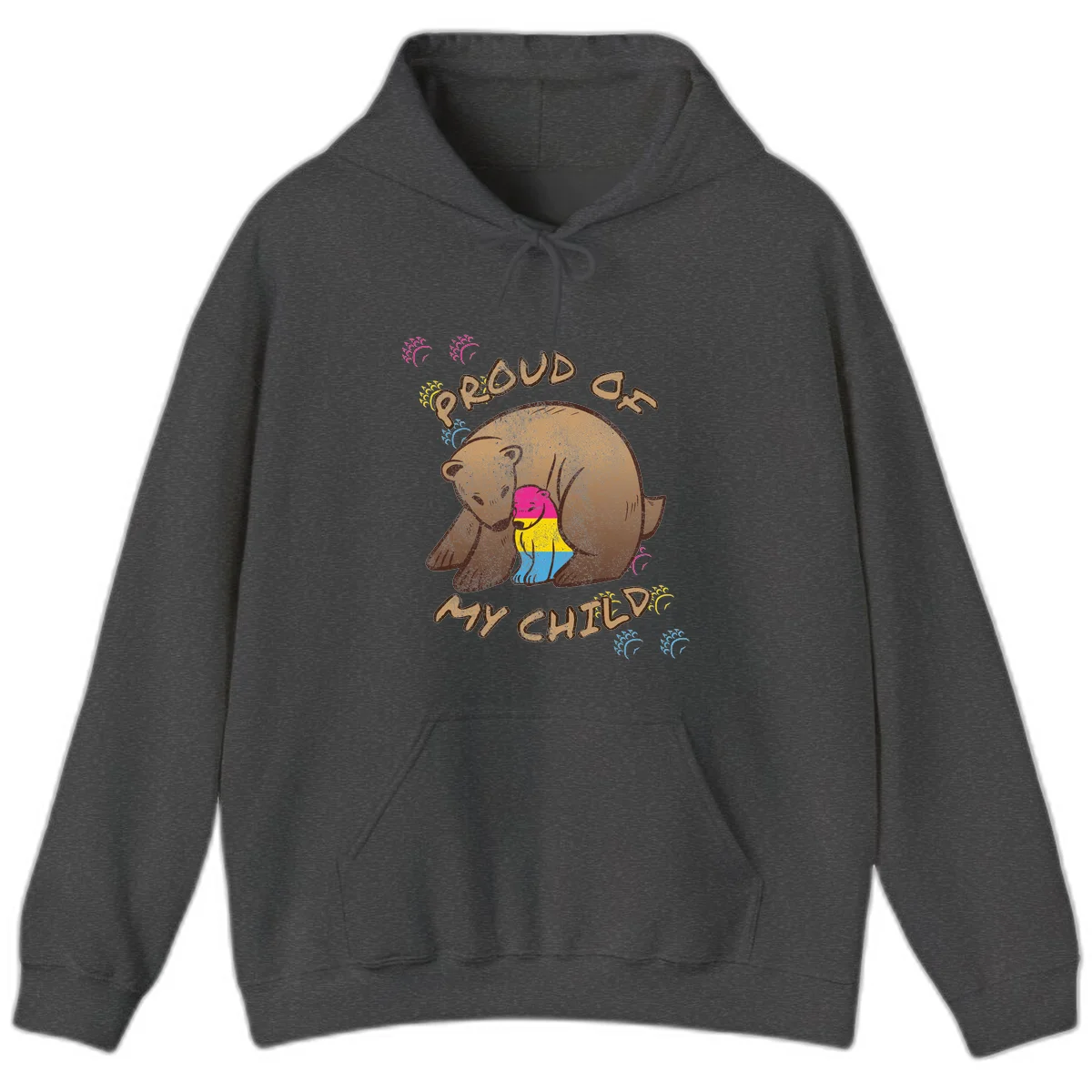 Large bear proudly hugging a smaller bear cub wearing a pride flag shirt, with text reading 'Proud As My Child' in Dark Heather