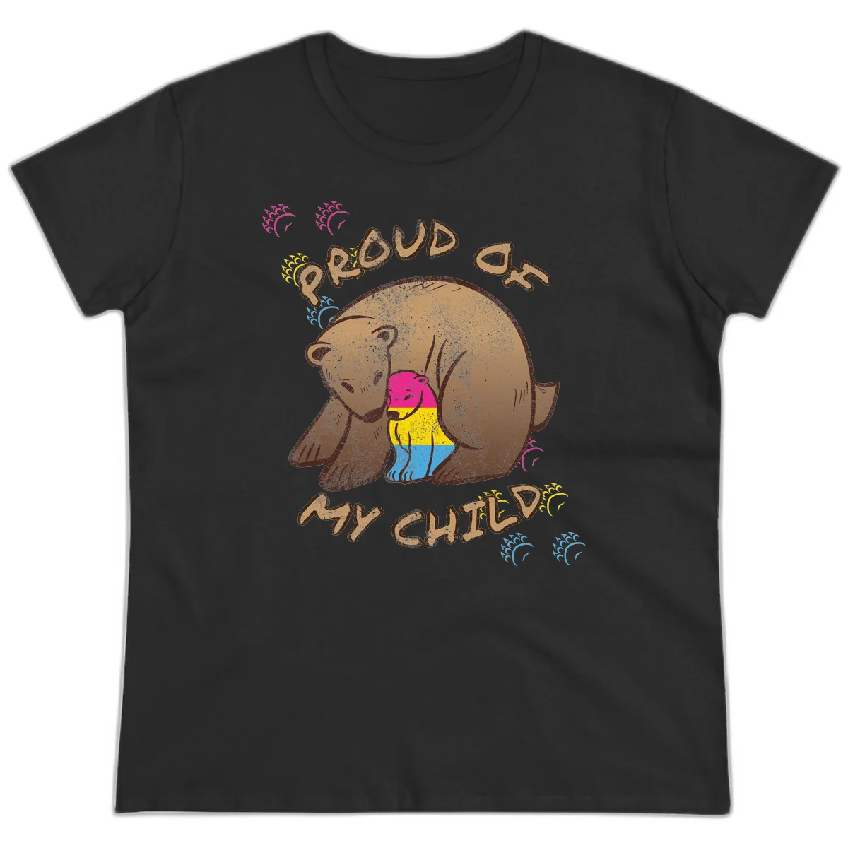Large bear proudly hugging a smaller bear cub wearing a pride flag shirt, with text reading 'Proud As My Child' in Black